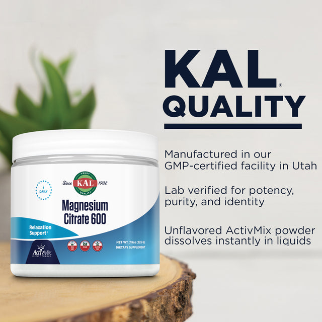 KAL Magnesium Citrate 600 Activmix Instant Powder | Unflavored | Healthy Muscle, Nerve & Circulatory Function Support | Vegetarian | 60 Servings