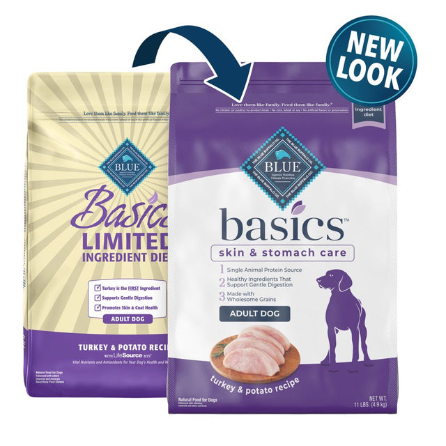 Blue Buffalo Basics Skin & Stomach Care Turkey and Potato Dry Dog Food for Adult Dogs, Whole Grain, 11 Lb. Bag