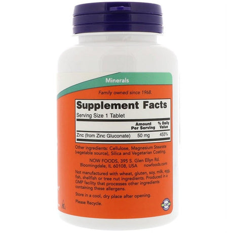 NOW Supplements, Zinc (Zinc Gluconate) 50 Mg, Supports Enzyme Functions*, Immune Support*, 250 Tablets - 2 Pack