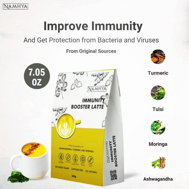 NAMHYA Immunity Booster Latte, 100% Natural with Goodness of Turmeric, Ashwagandha, Coconut Flakes, Tulsi (Basil) & Moringa, 3.53 Oz (100 Grams)