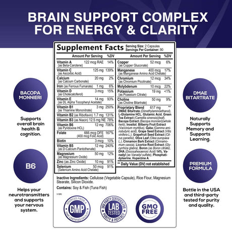 Nootropic Brain Supplement for Memory, Focus & Concentration | Cognitive Support Brain Booster Supplement with Phosphatidylserine & DMAE Bacopa | Brain Vitamins for Men & Women, Non-Gmo- 180 Capsules