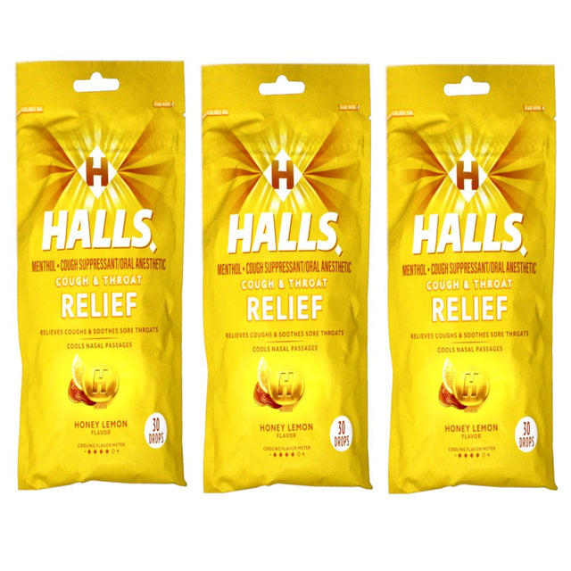 HALLS Relief Honey Lemon Flavor Cough Drops, 30 Drops per Pack ,90 Drops Total (3 Pack)