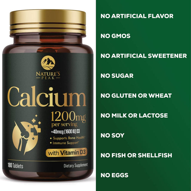 Nature'S Calcium 1200 Mg with Vitamin D3, Bone Health & Immune Support for Women & Men, Calcium Supplement Made with Extra Strength Vitamin D for Carbonate Absorption Dietary Supplement - 180 Tablets