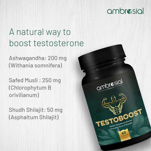 Ambrosial Testoboost Ultra Premium Herbal Testosterone Booster for Men | Blend of 3 Natural Herbs Testosterone Supplements for Men|60 Vegan Capsules