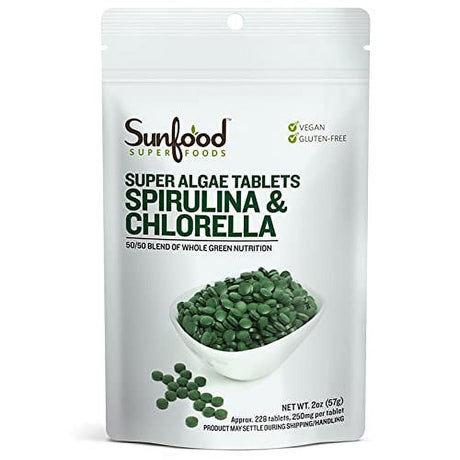 Sunfood Raw Spirulina Chlorella Tablets | 50/50 Blend | Chlorophyll Rich | Broken Cell Wall | Blue Green Algae Superfood | Organic & Non GMO | 100% Pure | 2 Oz Bag| 228 Tablets/Bag | 250 Mg/ Tablet