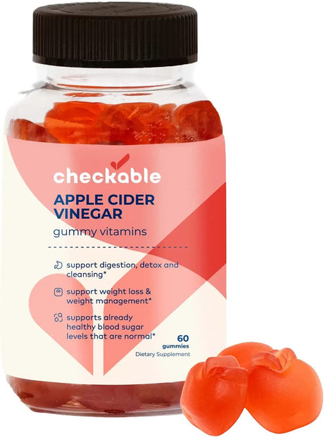 Checkable® Apple Cider Vinegar Gummies - Support for Weight Management, Digestion, Gut Health, Detoxing, and More - Vegan, Gluten-Free, Non-Gmo Formula - 60 Gummies