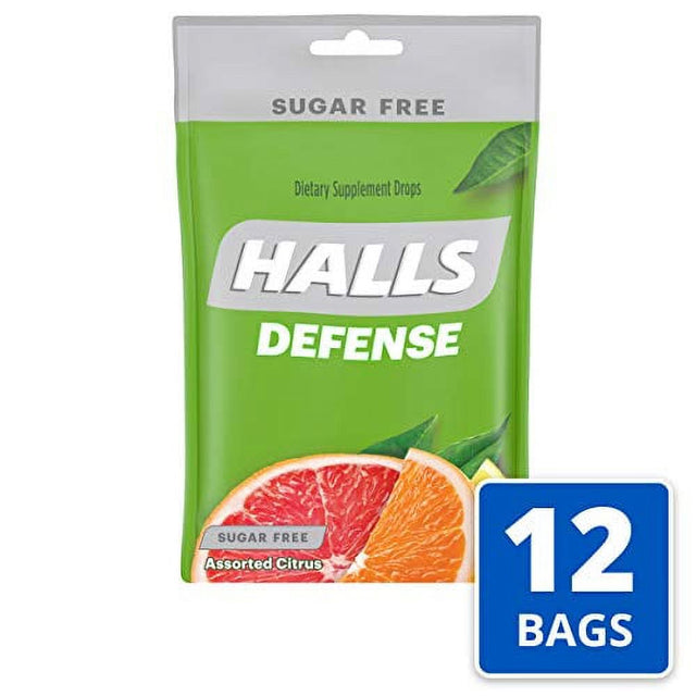 HALLS Defense Assorted Citrus Sugar Free Vitamin C Drops, Dietary Supplement Drops, 12 Bags of 25 Drops (300 Total Drops)