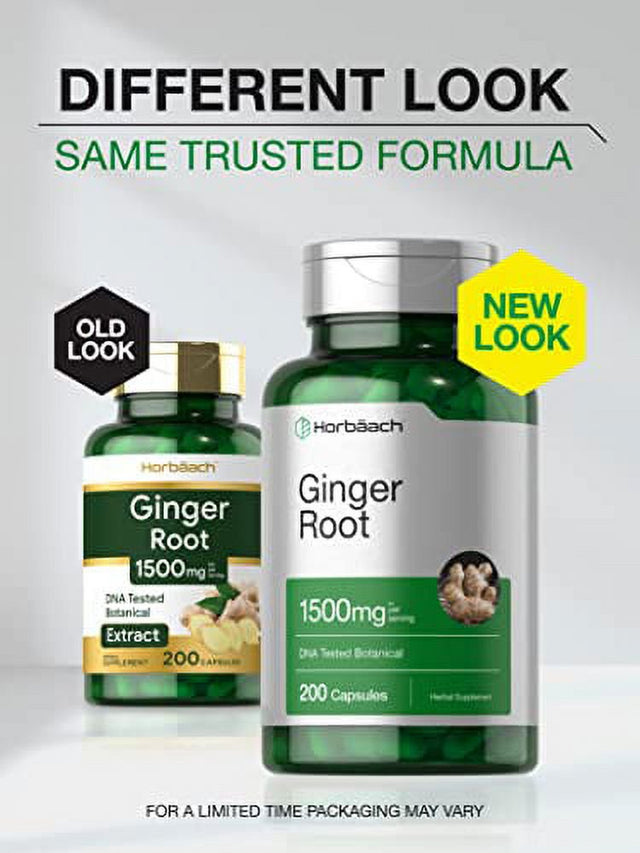 Ginger Root Capsules 1500 Mg | 200 Count | DNA Tested, Non-Gmo, Gluten Free | Ginger Root Extract | by Horbaach