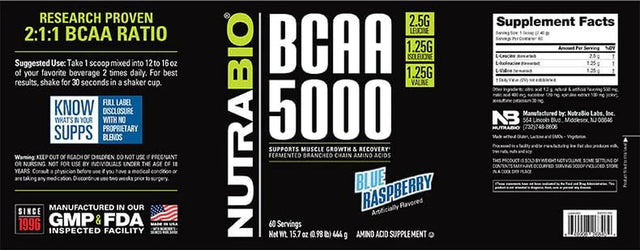 Nutrabio BCAA 5000 Powder - Vegan Fermented Bcaas - Supports Lean Muscle Growth, Recovery, Endurance - Zero Fat, Sugar, and Carbs - 60 Servings - Blue Raspberry