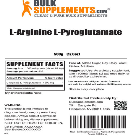 Bulksupplements.Com L-Arginine L-Pyroglutamate Powder - Nitric Oxide Supplement - Arginine Supplement - Blood Circulation Supplements (500 Grams)