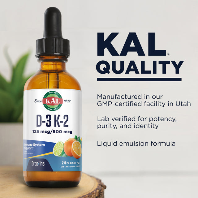 KAL D-3 K-2 Dropins 5000 IU (500 MCG) | Healthy Bones, Heart & Immune Support | Citrus Flavor | 59 Servings, 2 FL OZ