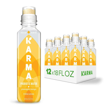 Karma Wellness Flavored Probiotic Water, Pineapple Mango, 18 Fl Oz (Pack of 12), Immunity and Digestive Health Support, Low Calorie, 2 Billion Active Cultures