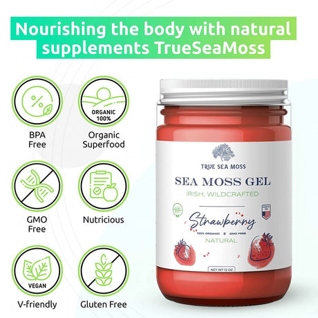 Trueseamoss Wildcrafted Irish Sea Moss Gel – Nutritious Raw Seamoss Rich in Minerals, Proteins & Vitamins – Antioxidant Health Supplement, Vegan-Friendly Made in USA (Strawberry, 5)