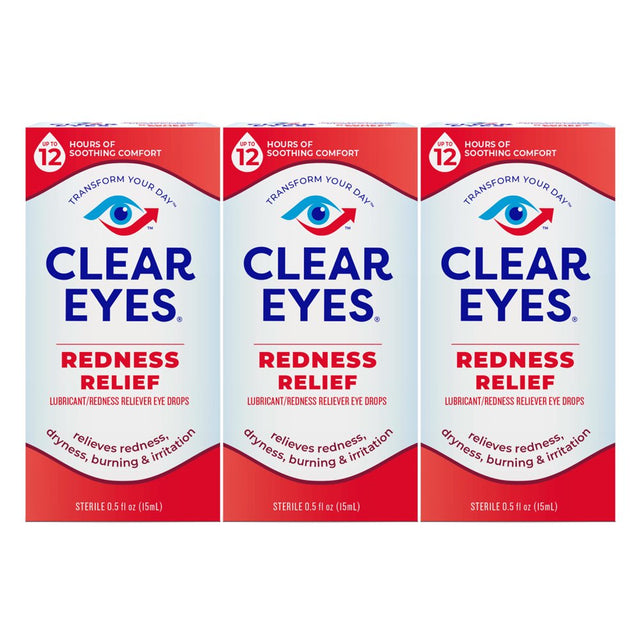 Clear Eyes Redness Eye Relief Lubricant Eye Drops, 0.5 Fl Oz, Pack of 3