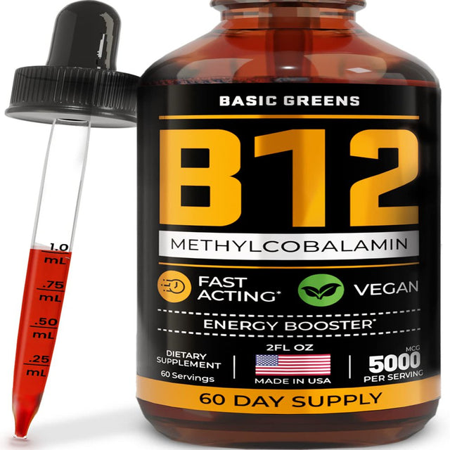 BASIC GREENS Vitamin B12 Sublingual (Vegan) 2 Fl Oz - Methylcobalamin B12 Vitamins 5000 Mcg, B12 Liquid, Liquid B12, B12 Drops, B-12 Vitamin Natural Cherry Flavor