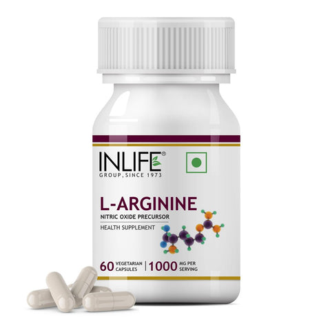 INLIFE L-Arginine 1000Mg Supplement (Pack of 60 Vegetarian Capsules) Serving, Nitric Oxide Precursor