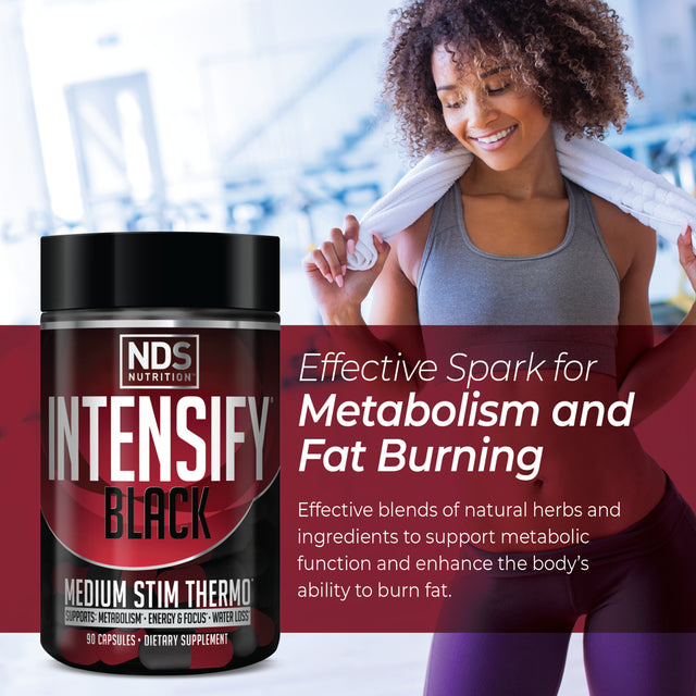 NDS Nutrition Intensify Black - Thermogenic Blend with Teacrine for Fat and Water Loss - Boost Metabolism, Burn Calories, Help Suppress Appetite - Improve Body Tone, Muscle Definition - 90 Capsules