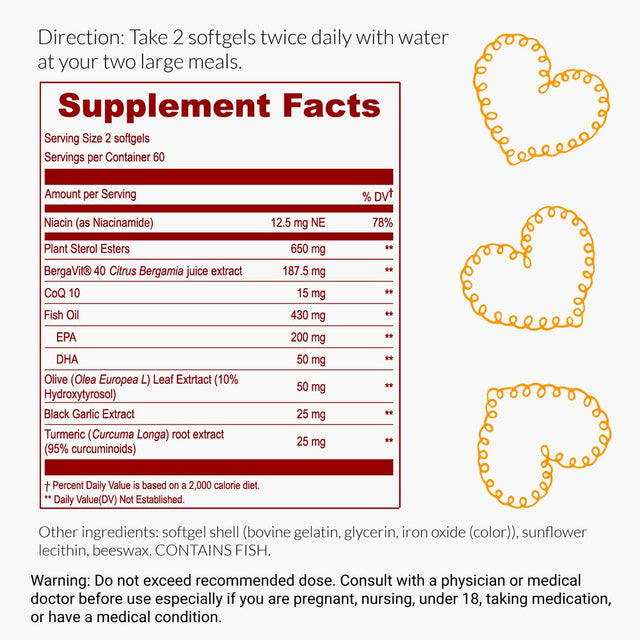 Citrus Bergamot Cholesterol Support Supplement with Plant Sterols, Omega 3, Turmeric, Aged Garlic, Niacin and Olive Leaf