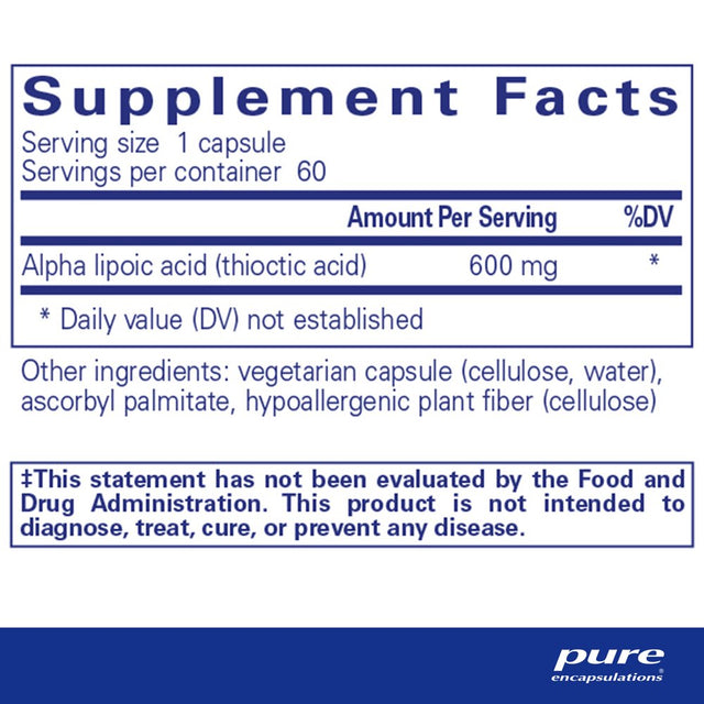 Pure Encapsulations Alpha Lipoic Acid 600 Mg | ALA Supplement for Liver Support, Antioxidants, Nerve and Cardiovascular Health, Free Radicals, and Carbohydrate Support* | 60 Capsules