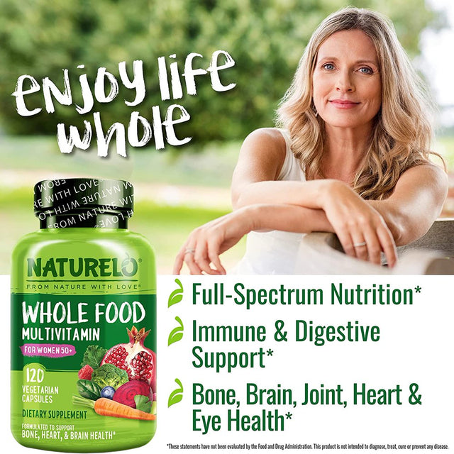 NATURELO Whole Food Multivitamin for Women 50+ (Iron Free) with Vitamins, Minerals, & Organic Extracts - Supplement for Post Menopausal Women over 50 - No GMO - 120 Vegan Capsules