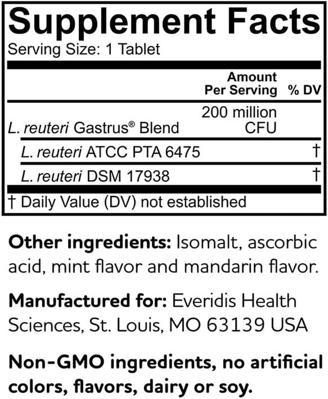 Biogaia Gastrus Chewable Tablets, Adult Probiotic Supplement for Stomach Discomfort, Constipation, Gas, Bloating, Regularity, Non-Gmo, 30 Tablets, 1 Pack