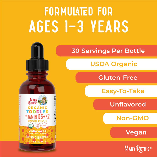 Maryruth Organics | Vitamin D3+K2 Liquid Drops | Unflavored | Non-Gmo, Vegan, Plant-Based | 1 Fl Oz | Unisex | Overall Wellness |