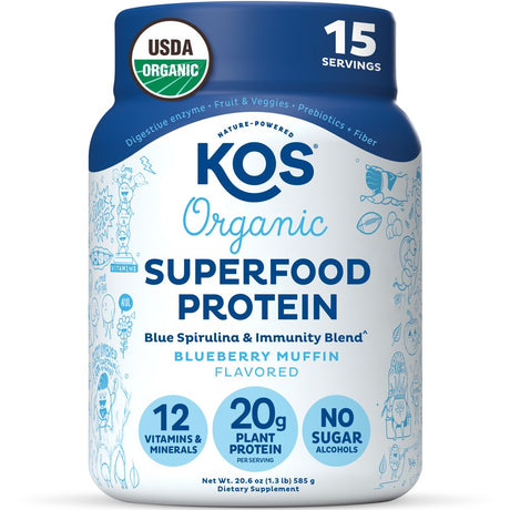 KOS Plant Based Protein Powder, No Erythritol, Blueberry Muffin - Organic Pea Protein Blend, Superfood with Spirulina & Immune Support Blend - Dairy Free, Meal Replacement for Women & Men, 15 Servings