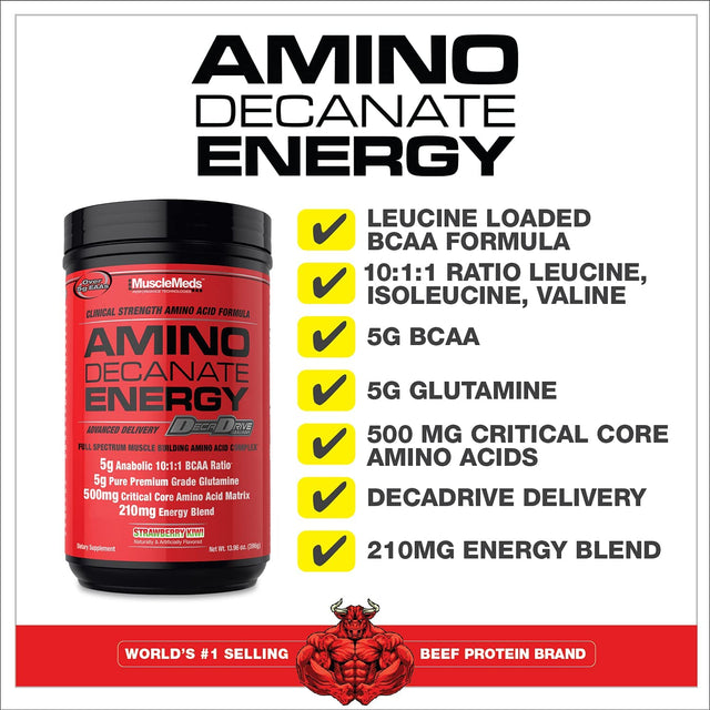 Musclemeds Amino DECANATE Energy, Pre, Intra Workout Drink, Essential Amino Acids, Bcaas, High Leucine, Glutamine, Muscle Recovery, Strawberry Kiwi, 30 Servings