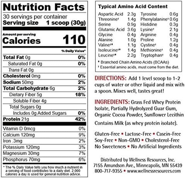 Wellness Resources Daily Protein plus Chocolate - Grass Fed, Pasture Raised Bioactive Whey Protein Isolate with Guar Fiber and Organic Cocoa - No Sweeteners, Soy-Free, Gluten-Free (2 Lb.)