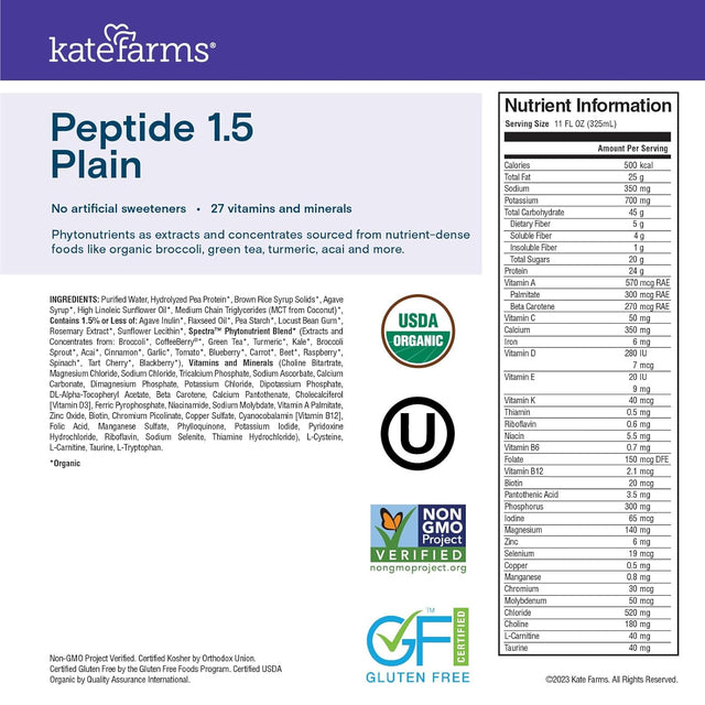 Kate Farms Adult Peptide 1.5 Sole-Source Nutrition Formula, Organic Enzymatically Hydrolyzed Plant-Based Protein Drink, Made without Gluten, Soy, Dairy, or Corn, 11 Fluid Ounces, Plain, Case of 12