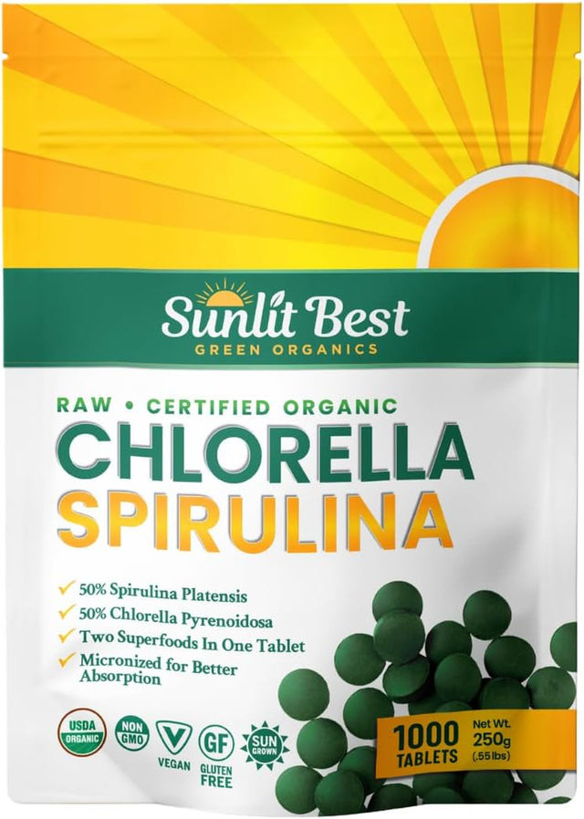 Chlorella Spirulina 50/50 (Mega-Pack 1000) Cracked Cell Wall, 100% Pure & Clean, Organic Raw Non-Gmo Green Superfood, Protien Packed, by Sunlit, Best Green Organics