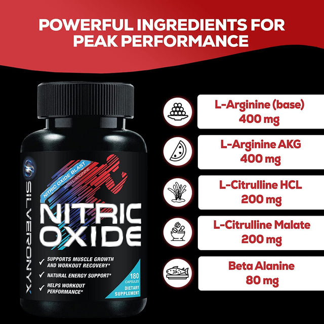 Extra Strength Nitric Oxide Supplement L Arginine 3X Strength - Citrulline Malate, AAKG, Beta Alanine - Premium Muscle Supporting Nitric Booster for Strength & Energy to Train Harder - 180 Capsules