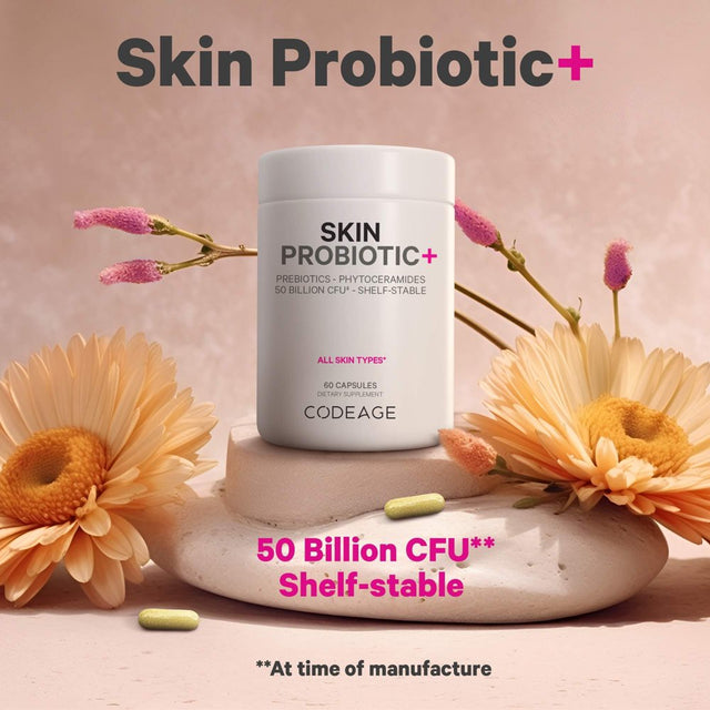 Codeage Skin Probiotics 50 Billion CFU & Prebiotics, Skin Ayurvedic Botanical Herbs, Shelf-Stable, 60 Ct