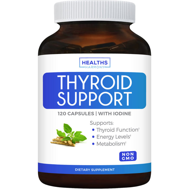 Healths Harmony Thyroid Support with Iodine - 120 Capsules (Non-Gmo)- Ashwagandha Root, Zinc, Selenium, Vitamin B12 Complex - Thyroid Health Supplement - 60 Day Supply