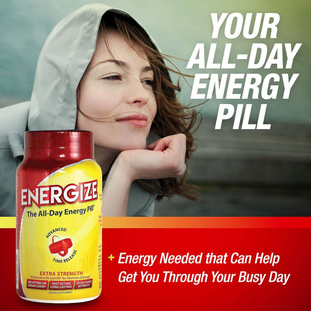 Energize Extra Strength Caffeine Pills, Fast Acting Long-Lasting Energy Pill with Extended Time Release Caffeine, Improved Clarity & Energy Support for Men & Women, No Jitters, No Crash (60 Tablets)