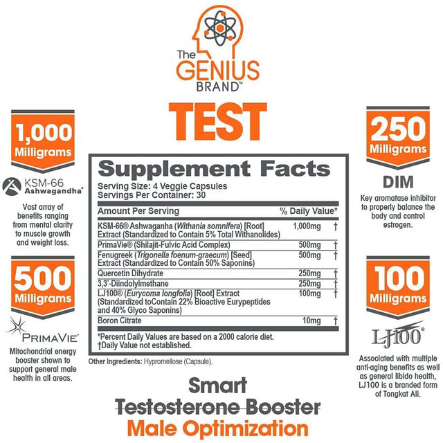 Testosterone Booster Supplement with Ashwagandha Natural Muscle Gainer, Supports Strength & Energy, Genius Test by the Genius Brand