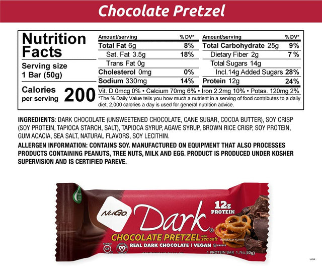 Nugo Dark Pretzel and Sea Salt, 12G Vegan Protein, 200 Calorie, Gluten Free, 24 Count