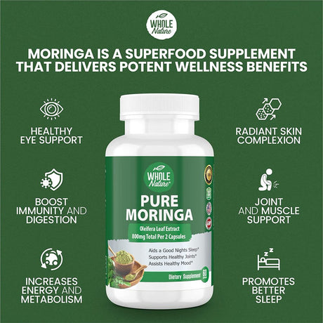 Moringa Capsules, 800Mg Organic Moringa Oleifera Leaves Powder Superfood Greens. Whole Nature'S Pure Moringa Pills Is a Vegan, Non-Gmo Energy Booster and Immune Support Supplement