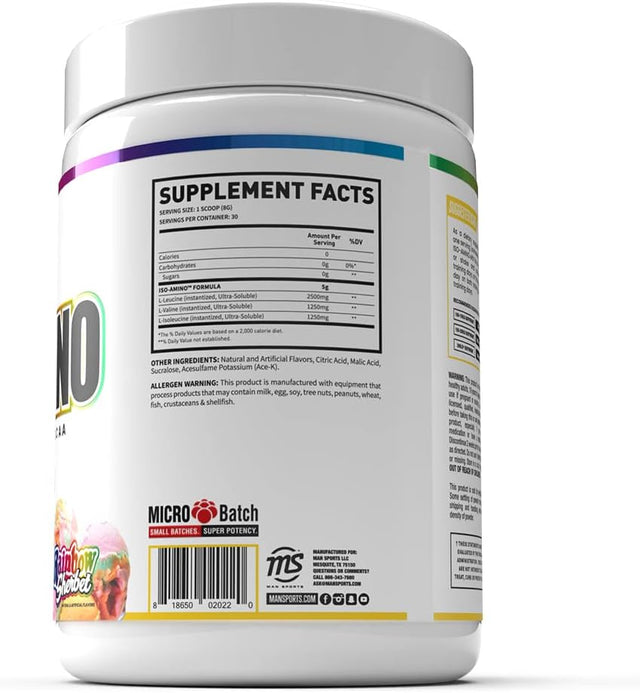 MAN Sports Iso-Amino Bcaa Powder, Rainbow Sherbet, 255 Gram