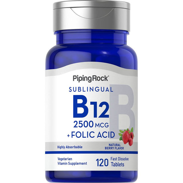 Vitamin B12 2500 Mcg | 120 Fast Dissolve Tablets | Natural Berry Flavor | with Folic Acid | Vegetarian, Non-Gmo, Gluten Free Supplement | by Piping Rock