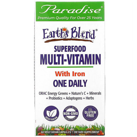 Paradise Herbs Earth'S Blend Superfood Multivitamin with Iron 60 Vegetarian Capsules