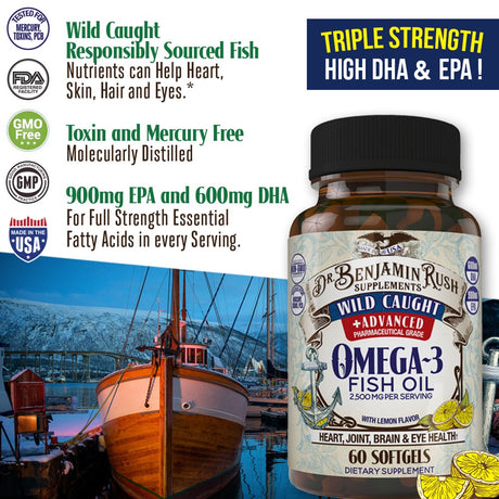 Wild Caught Fish Oil Omega 3 Premium Balanced Ratio DHA EPA Supplements Triple Strength 2500Mg with Lemon, Burpless Pills, Quality USA Made, Highest Purity Mercury Free, Best Size Non-Gmo Omega3