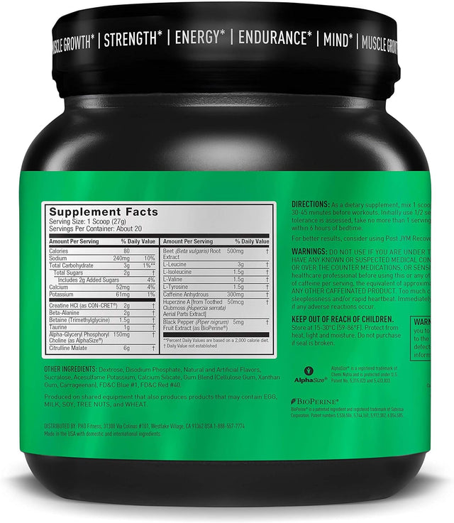 Pre JYM Pre Workout Powder - Bcaas, Creatine HCI, Citrulline Malate, Beta-Alanine, Betaine, and More | JYM Supplement Science | Rainbow Sherbert Flavor, 20 Servings