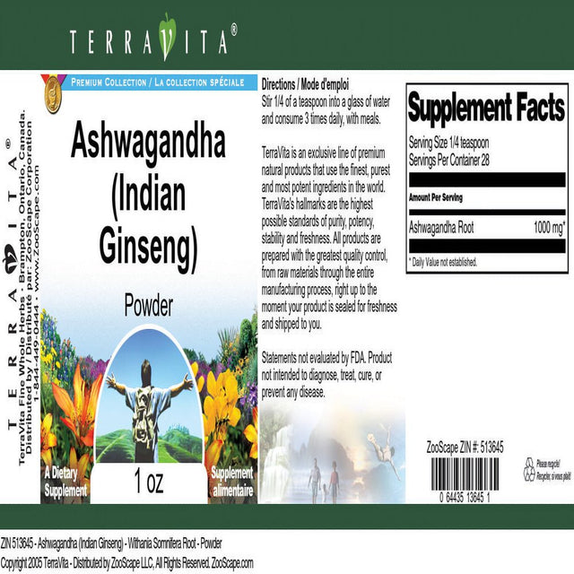 Terravita Ashwagandha (Indian Ginseng) - Withania Somnifera Root - Powder, (1 Oz, 1-Pack, Zin: 513645)