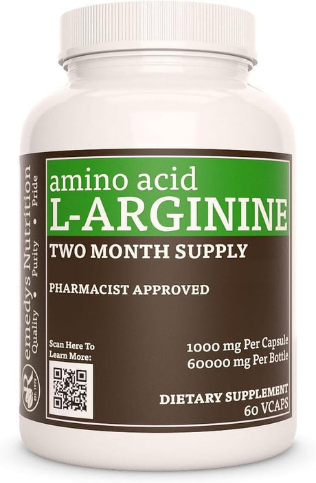 Remedy'S Nutrition L-Arginine HCL 1,000Mg Vegan Capsules Amino Acid Supplement - Non-Gmo, Gluten Free, Dairy Free - Two Month Supply (60 Count)