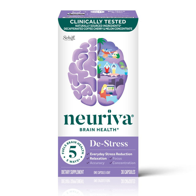 Neuriva De-Stress Brain Health Supplement (30 Count), Brain Support with Clinically Proven Naturally Sourced Ingredients (Decaffeinated Coffee Cherry & Melon Concentrate)