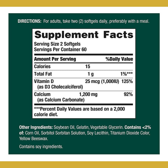 Nature'S Bounty Calcium plus Vitamin D3 1200 Mg Rapid Release Softgels, 120 Ea