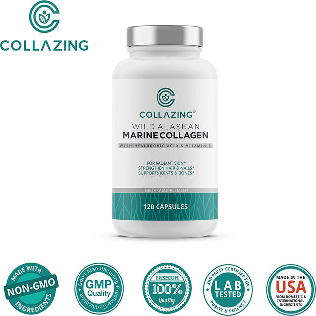 Collazing - Alaskan Wild-Caught Marine Collagen Protein Peptides with Hyaluronic Acid and Vitamin C - for Radiant Skin, Hair, Nails. Joints, & Bones - 120 Capsules-30 Days Supply