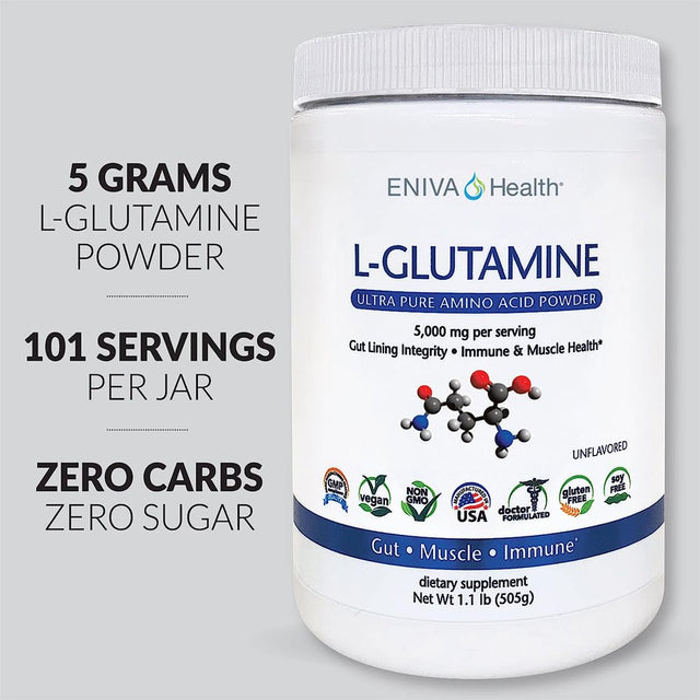 Eniva Health L-Glutamine Pure Powder, Unflavored (101 Servings) , Vegan, Gluten-Free, Sugar-Free, Non-Gmo , Doctor-Formulated, USA Made , Gut Health, Leaky Gut, Bloating, Muscle Health, Immune System