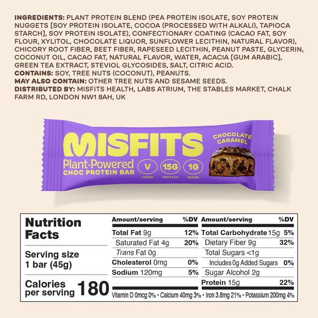 Misfits Vegan Protein Bar, Variety Pack, Plant Based Chocolate High Protein Snacks with 15G per Bar, Low Sugar, Low Carb, Gluten Free, Dairy Free, High Fiber, Non GMO, 4 Flavor 12 Pack